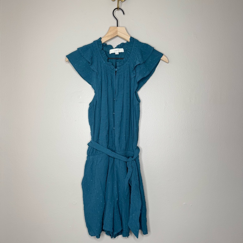 Ann Taylor LOFT Womens Size XS Teal Flutter Sleeve Clip Dot Button Belted Romper